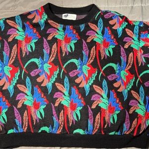 Vintage 90s‎ Top Notch Sweater Mens 2XL Black Retro Abstract Floral Colorblock